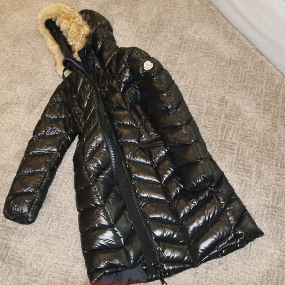 shiny moncler coat with fur hood